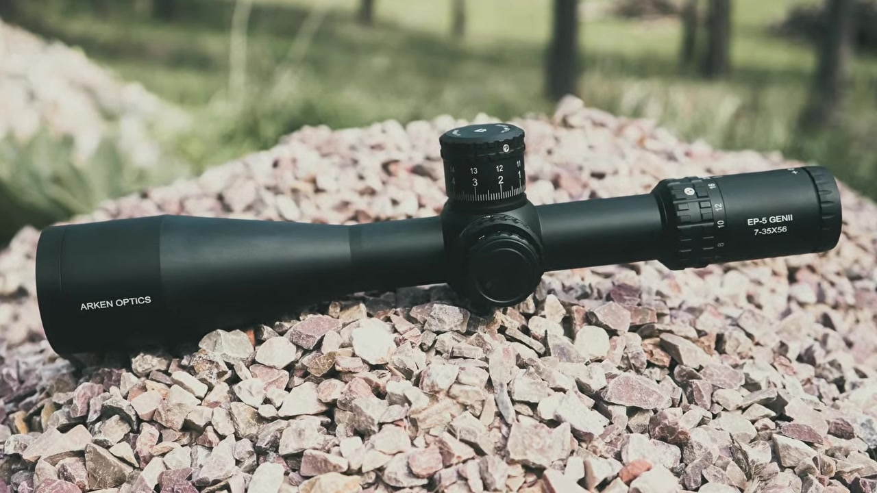 Arken EP5 Gen 2 7-35x56 rifle scope resting on a pile of gravel outdoors