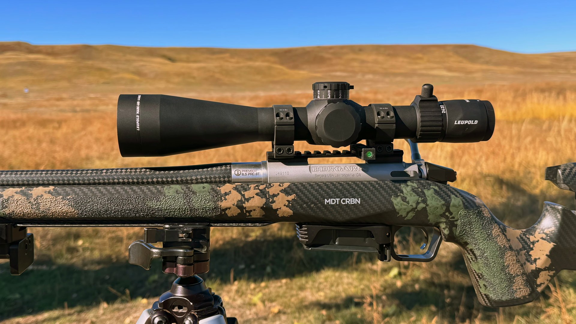 Bergara Premier 6.5 PRC hunting rifle in an MDT CRBN stock with a Leupold Mark 4HD scope, set up on a bipod for a 6.5 PRC ammo test