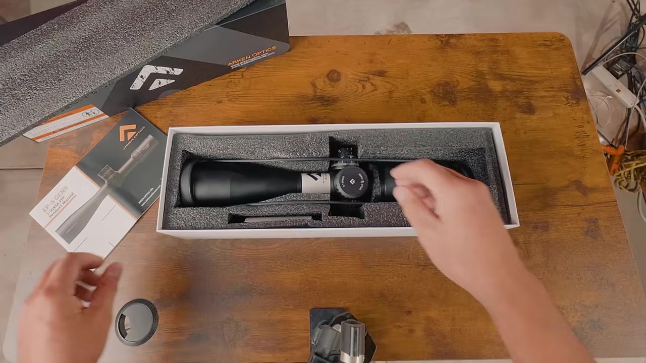 The Arken EP5 Gen 2 scope sitting in its foam-lined shipping box during unboxing